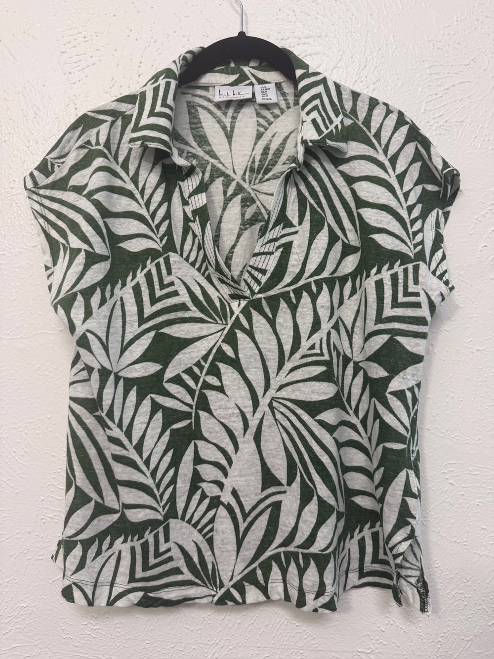 Nicole Miller New York 100% Linen Tropical Leaf Print Blouse Size M - Picture 2 of 6